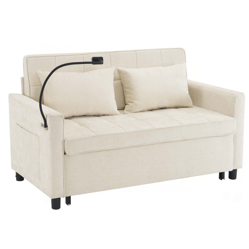 56.9" Loveseat Sofa Pull-out Sofa Bed Sleeper Sofa with a Reversible Backrest Cushion, Side Pockets, Two USB Ports and a Phone Holder for Living Room