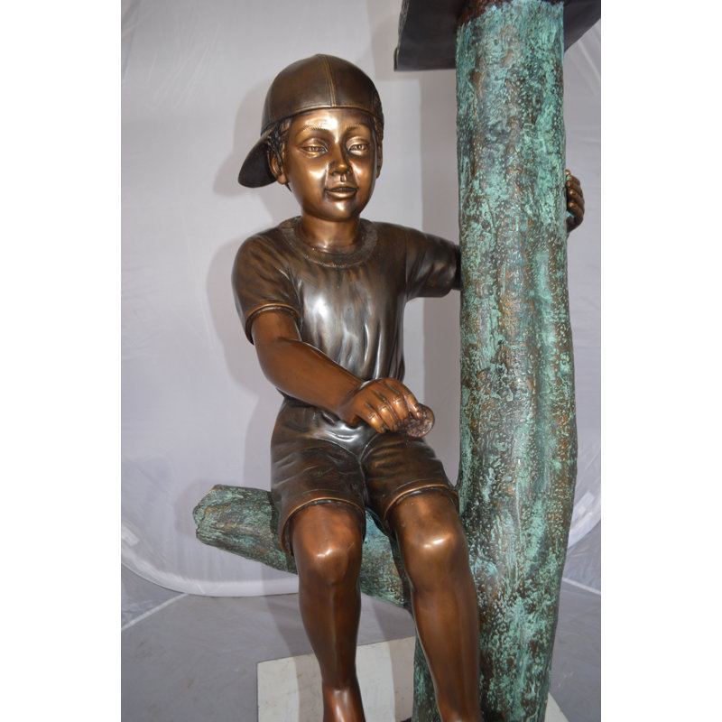 Boy Sitting on a Tree with Mailbox Bronze Statue -  Size: 22"L x 23"W x 49"H. 