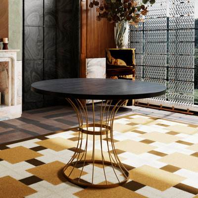 Table de salle à manger ronde en placage de chêne noir de 42 po avec aspect en bois massif et piédestal en fer doré, parfait pour un petit appartement industriel moderne et rustique