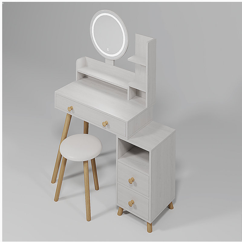 Round Mirror Bedside Cabinet Vanity Table + Cushioned Stool,With 2 AC Power + 2 USB Socket,17" Diameter LED Mirror,Touch Control,3-colour,Brightness Adjustable,Large Desktop,Multi-layer Storage