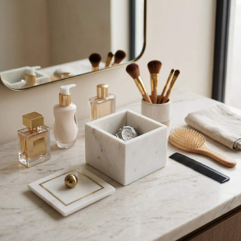 Scarbrough Decorative Box Marble Stone Metal Brass Modern Storage Container with Removable Lid Contemporary Accent Box for Shelf or Tabletop Display Home Organizer Accessory Modern Design