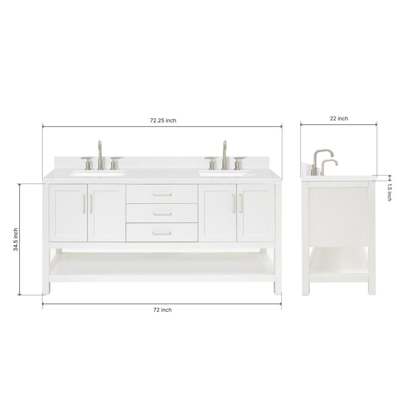 ARIEL Magnolia 72 Double Bathroom Vanity with Top, White, Rectangular