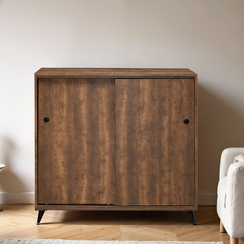 Mid-Century Oak Shoe Storage Cabinet with Adjustable Shelves and Sliding Doors