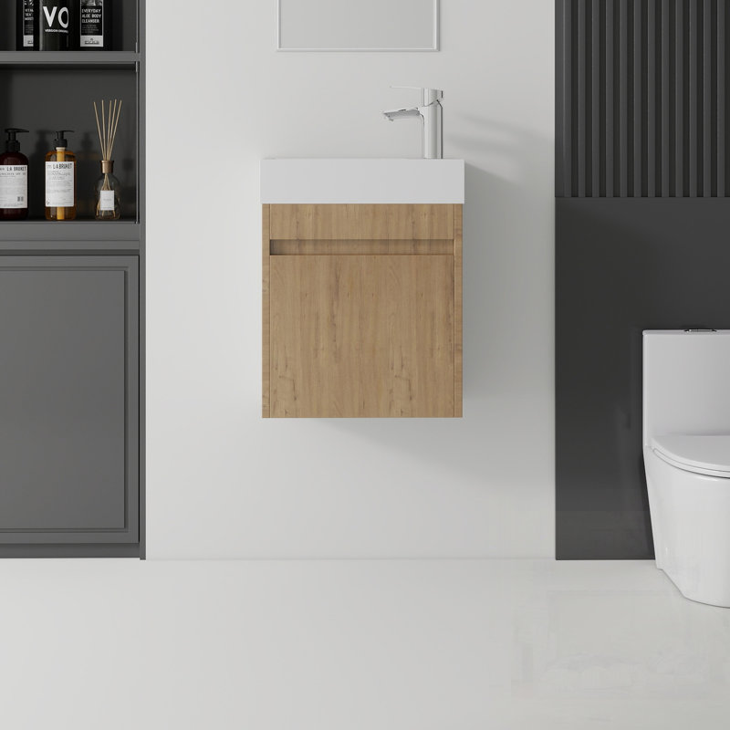 Meuble-lavabo flottant avec lavabo, porte à fermeture en douceur, lavabo en céramique, contreplaqué, Oak