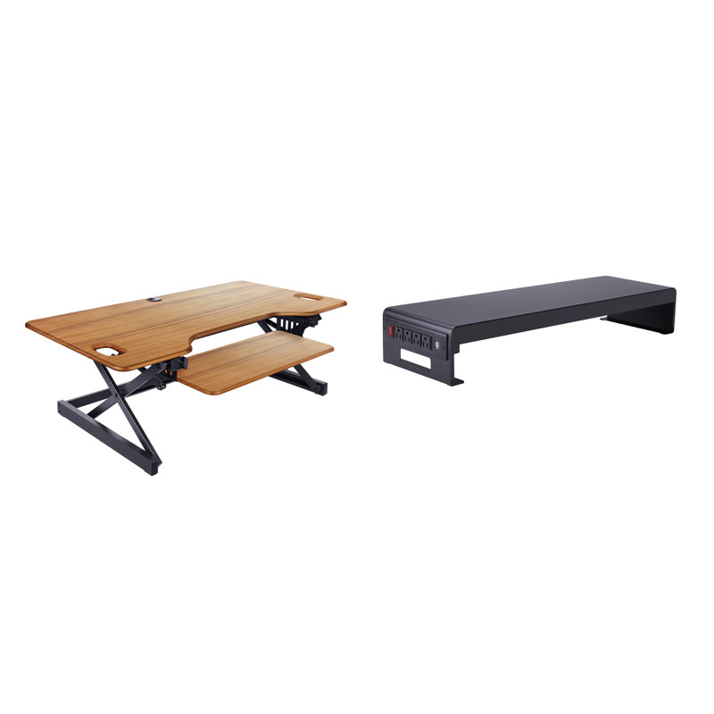  46 in. Beige Height Adjustable Standing Desk Converter with Double Monitor Mount Stand and Deep Keyboard Tray, Beige/Black
