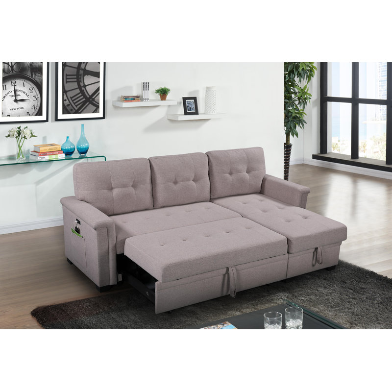 Ashlyn 84"W Light Gray Linen Fabric Reversible Sleeper Sectional Sofa with USB Charging Ports – Convertible Pull-Out Bed, Storage Chaise, Side Pockets, and Medium Firm Cushioning