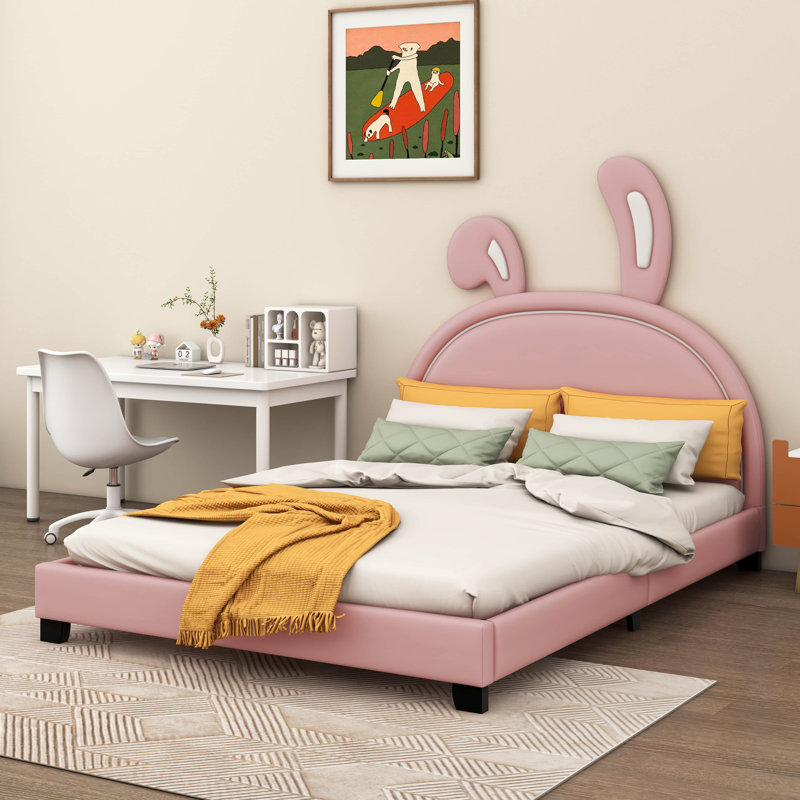 Lit plateforme tapissier en cuir avec ornement en forme de lapin, Pink, Full