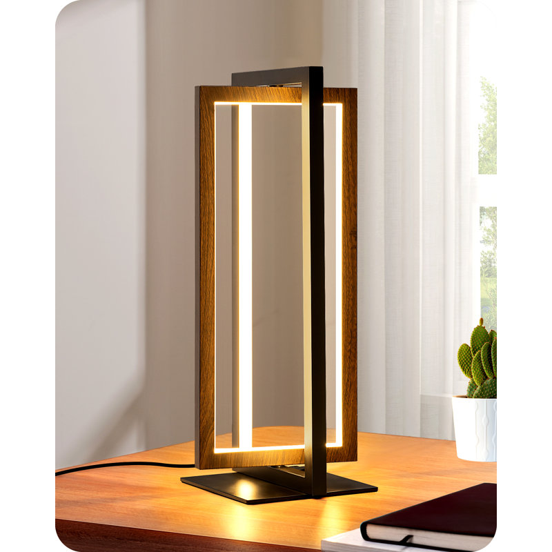 40cm LED Dimmable Table Lamp With Touch Control,  Black/Natural Wood, Rocker