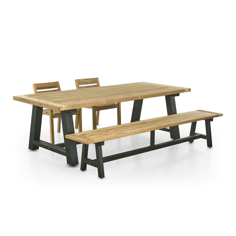 Ensemble de table de salle à manger d'extérieur 94 po en teck et aluminium 94 po avec banc 94 po et deux fauteuils en teck Morones