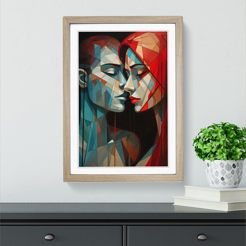 XYZ-FRM-V1223-4387 Lovers Geometric No.3 - Single Picture Frame Print on Wood, 34cm H x 25cm W x 2cm D, Oak 