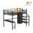 Full Black Metal Loft Bed With Desk,2 Charging Station,LED Light,Heavy Duty,Staircase,Wardrobe