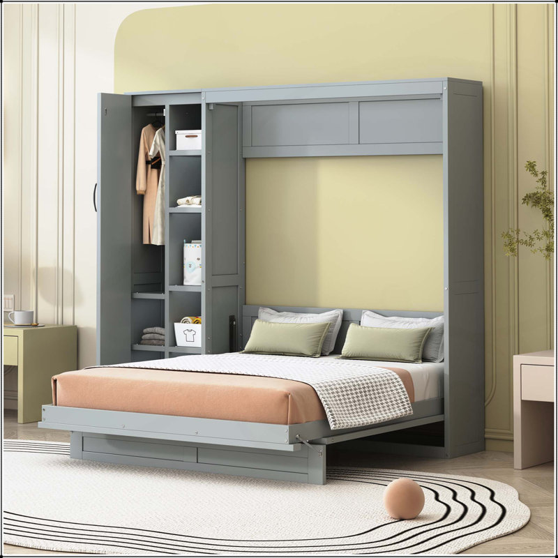 Lit escamotable double pleine grandeur avec tablettes, gris