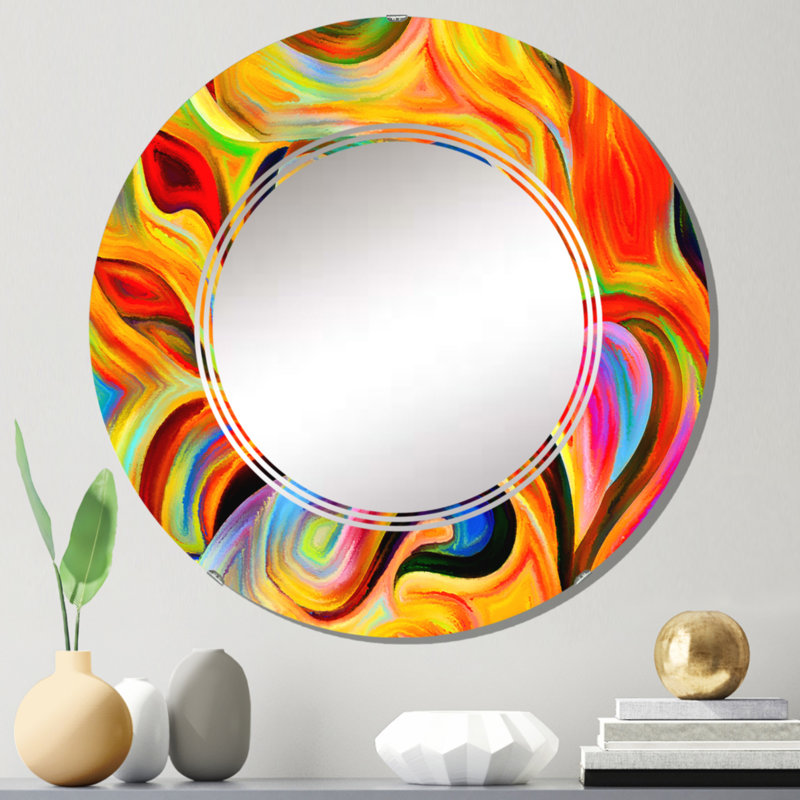 Shape Abstractions en rouge jaune et noir - Miroir mural moderne rond, 24 po x 24 po