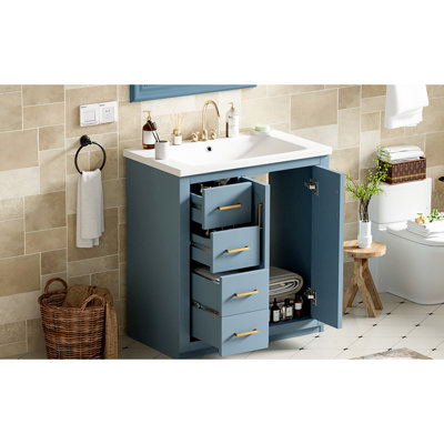 Meuble-lavabo de 30 po avec lavabo en céramique. Bois massif et fabrication. 3 tiroirs pour une utilisation quotidienne. Évier indigo. Matériau. Meuble-lavabo moderne. Couleur