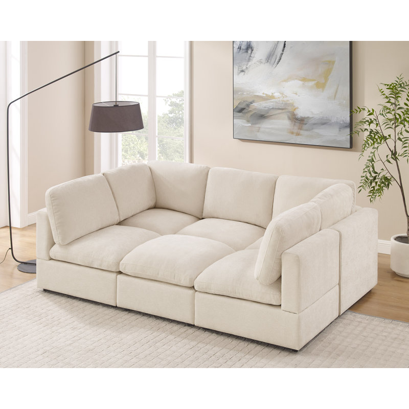 6-Piece Upholstered Symmetrical Sectional, Modular Sofa, Beige Polyester