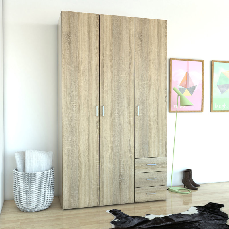 Wardrobe With Three Doors And Three Drawers, Brown, 200cm H x 116cm W x 50cm D