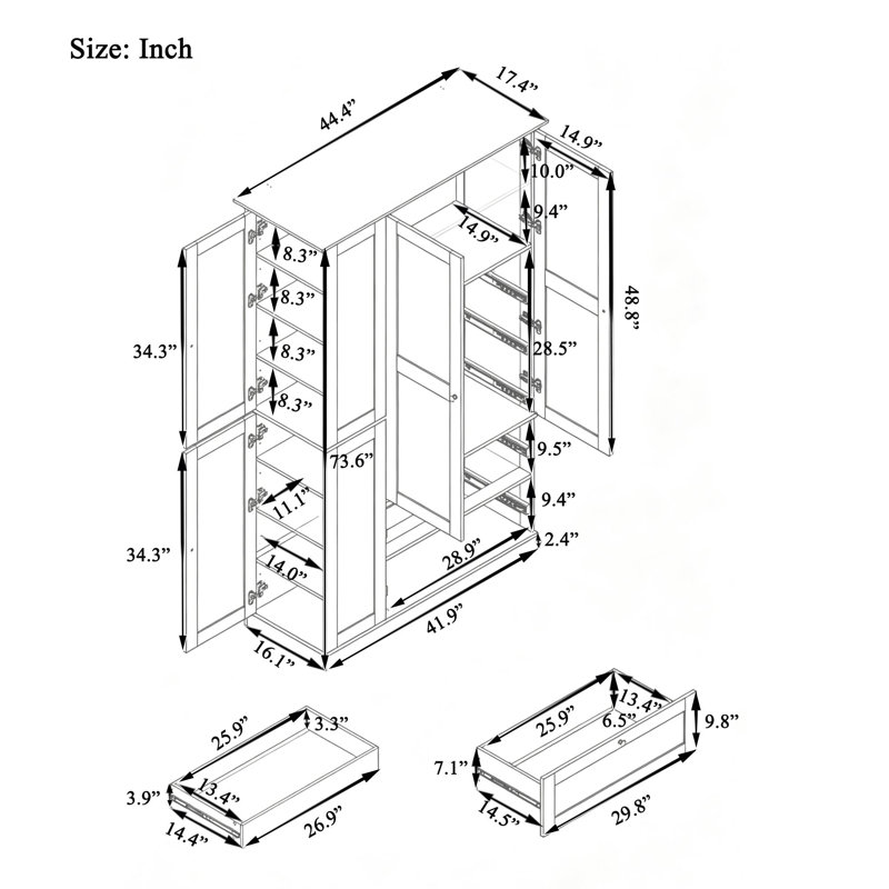 Armoire de cuisine de 73,6 po de hauteur à 6 portes avec 7 tablettes et 2 tiroirs, White