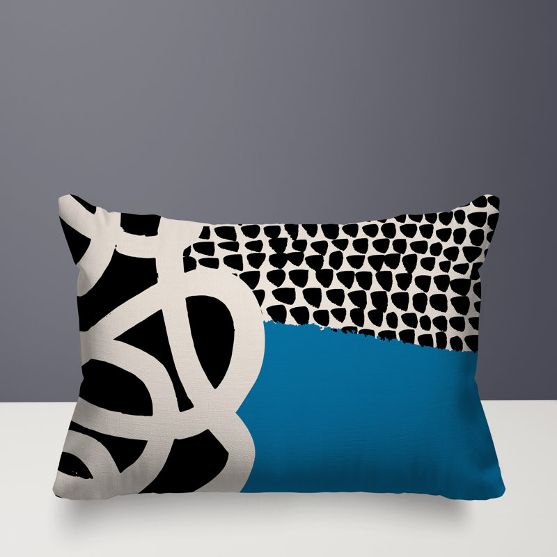 Oreiller rectangulaire réversible intérieur / extérieur Deo, H 18 po x l 25 po, Turquoise / noir / blanc cassé
