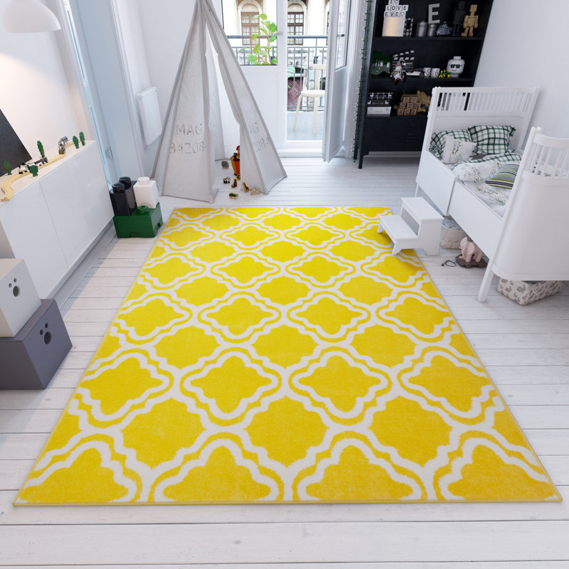 Arbaaz Star Bright Yellow/White Kids Trellis Playroom Rug, Rectangle 100 x 150cm