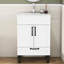 Meuble-lavabo blanc de 24 po avec lavabo, poignées en métal noir, charnières à fermeture en douceur, rangement pour les serviettes