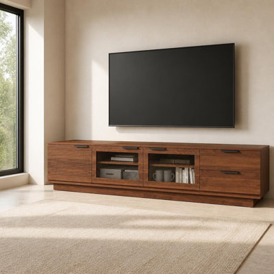 Meuble télé sur pied compatible avec les téléviseurs de 85 po ou moins, centre de divertissement multifonctionnel avec beaucoup de rangement, charnières à fermeture en douceur, portes vitrées, gestion des câbles, tiroirs coulissants