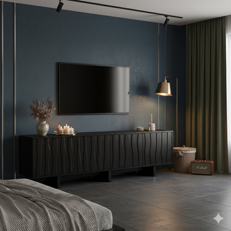 Meuble télé noir de style rétro avec une finition grain de bois et une porte ondulée, conçu pour les téléviseurs jusqu'à 75 pouces. Une console multimédia rustique avec beaucoup de rangement, une base robuste et une gestion des câbles.