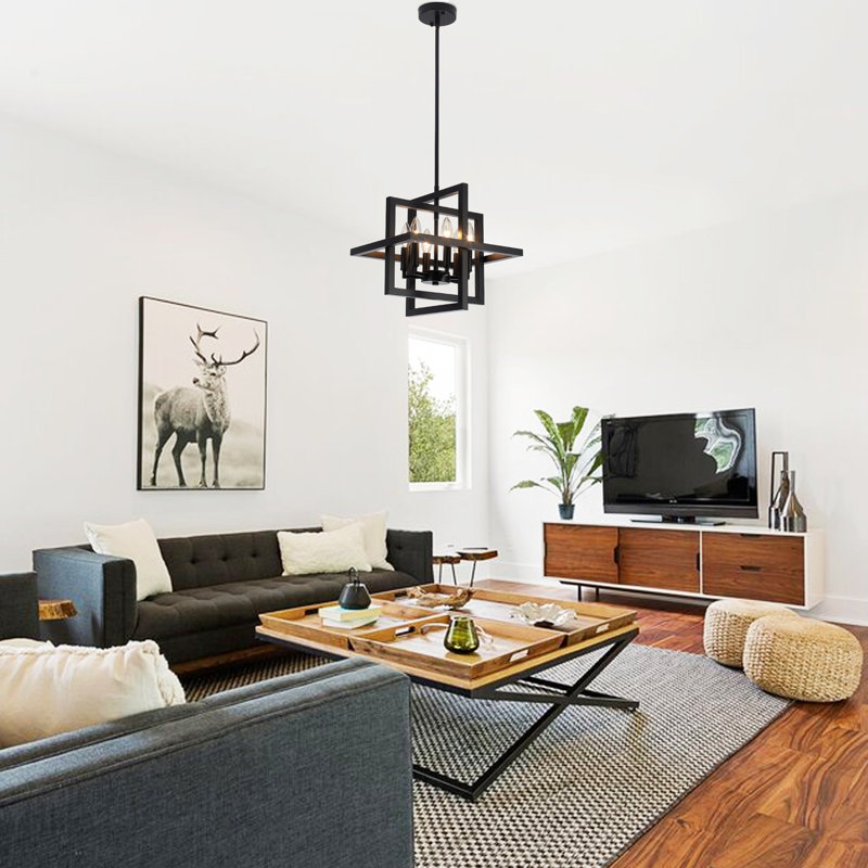 Mercer41 6 - Light Dimmable Industrial Square/Rectangle Geometric Candle Style Chandelier with Metal Cage for Dining Room, Kitchen Island, Foyer, Hallway