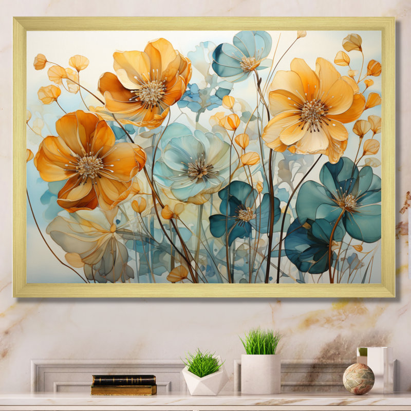 «Teal Orange Botanical Fragments I - Abstract Botanicals», art encadré, Cadre doré simple, H 24 po x l 32 po x P 1 po