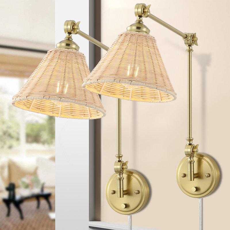 Adjustable Swing Arm Wall Sconce With Rattan Shades, Set Of 2, Gold