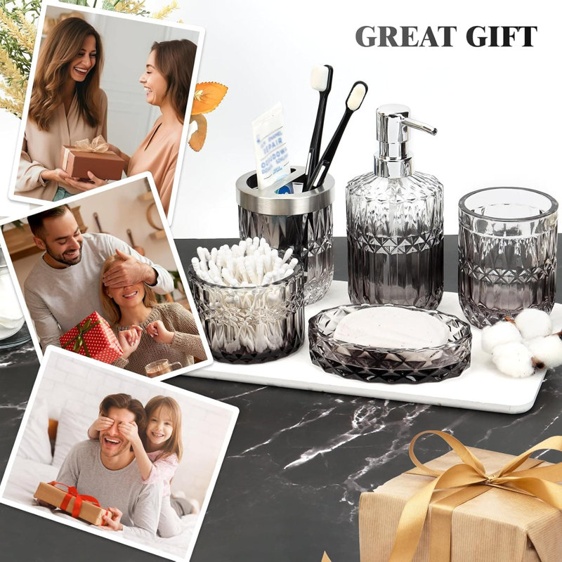 5Pcs Gradient Clear & Black Glass Bathroom Set: Soap Dispenser, Dish, Toothbrush Holder, Tumbler, Swab Jar