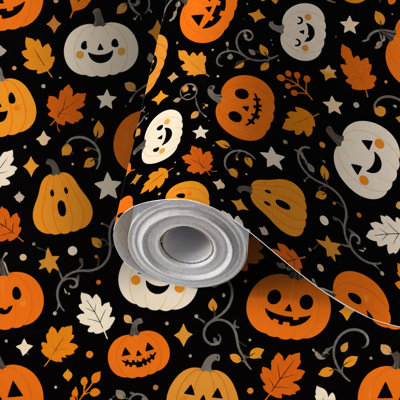 Rouleau de papier peint pelez et collez Halloween Citrouilles souriantes feuilles d'automne noir Revêtement mural imperméable et adhésif pour salon