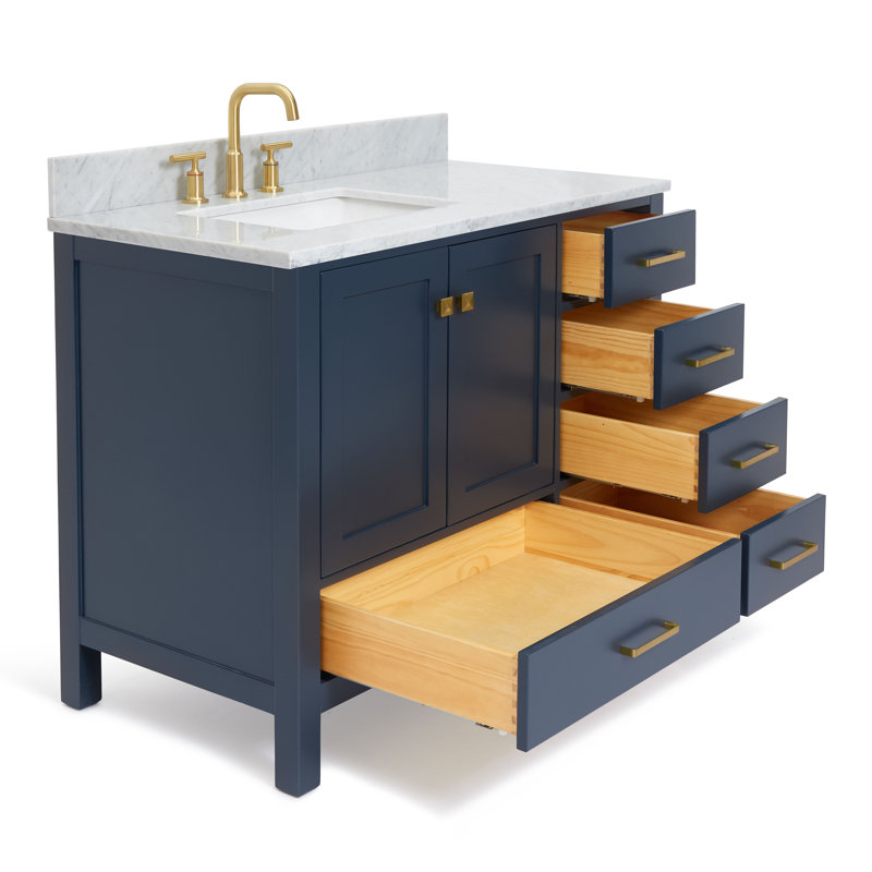 Ensemble de meuble-lavabo simple 43 po Flynt, Left, Forme rectangulaire, Bleu minuit / laiton satiné