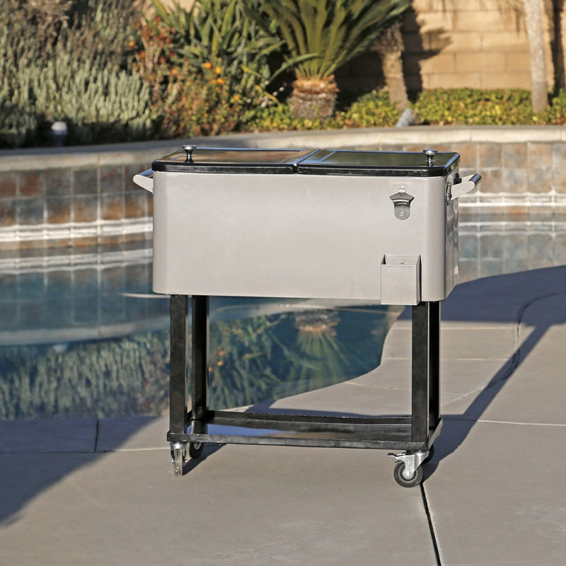 Gray 80 Quart Rolling Steel Cooler with Wheels and Shelf