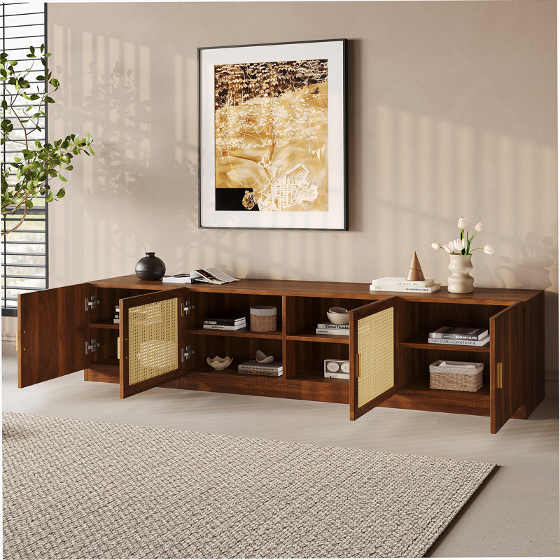 TV Stand For Tvs Up To 85", Media Console With Rattan Doors, Adjustable Shelf For Living Room