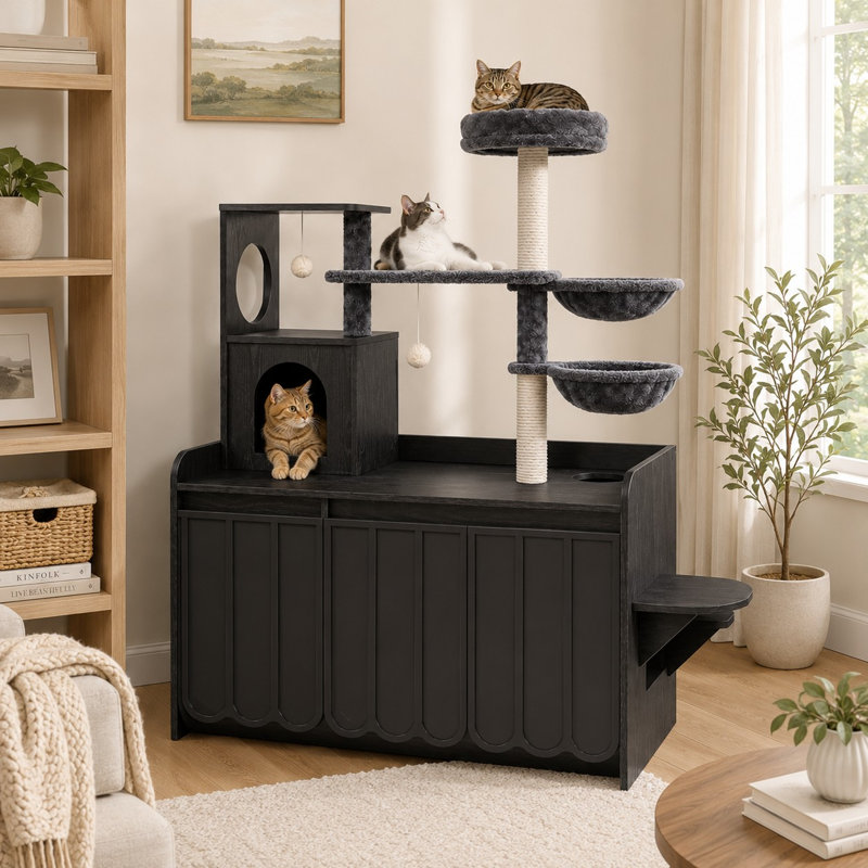 Arbre à chat 51 po avec enceinte pour litière et armoire de rangement, Noir