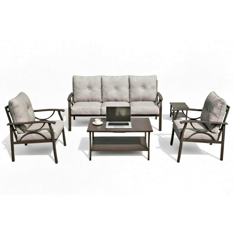 5-Piece Metal Patio Furniture Set, 5-Seat All-Weather Conversation Sofa With 4 Inches Thick Cushions, Frame, Coffee Table & End Table For Porch Backyard Garden