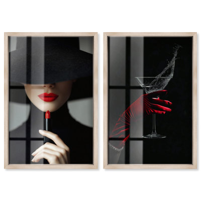 Red Beauty Set Shadowbox Print Fashion Wall Decor Set by Art Remedy, Blonde Frame, 16 x 24