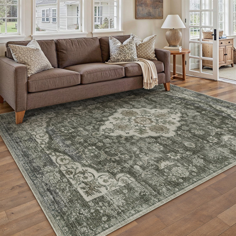 Elora Vintage Medallion Machine Washable Area Rug With Non-Slip Backing in Brown, Rectangle 6' x 9', Brown