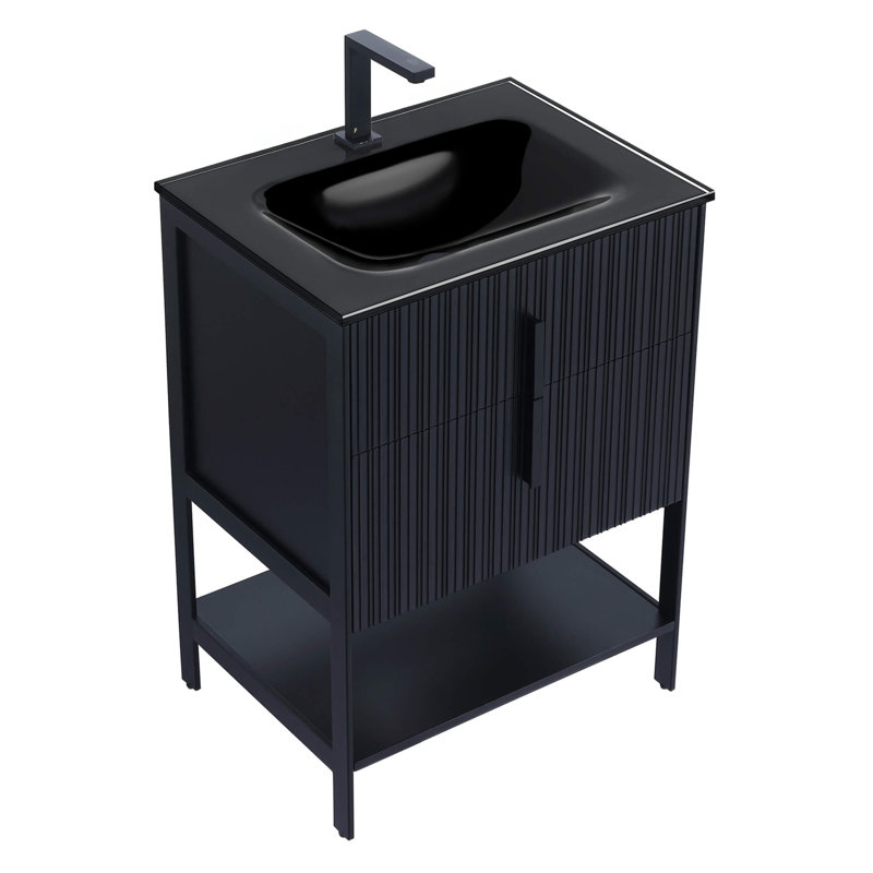  Serenity Modern Bathroom Vanity with Black Sintered Stone Top, Black Engineered Stone, 24", Black Matte/Black