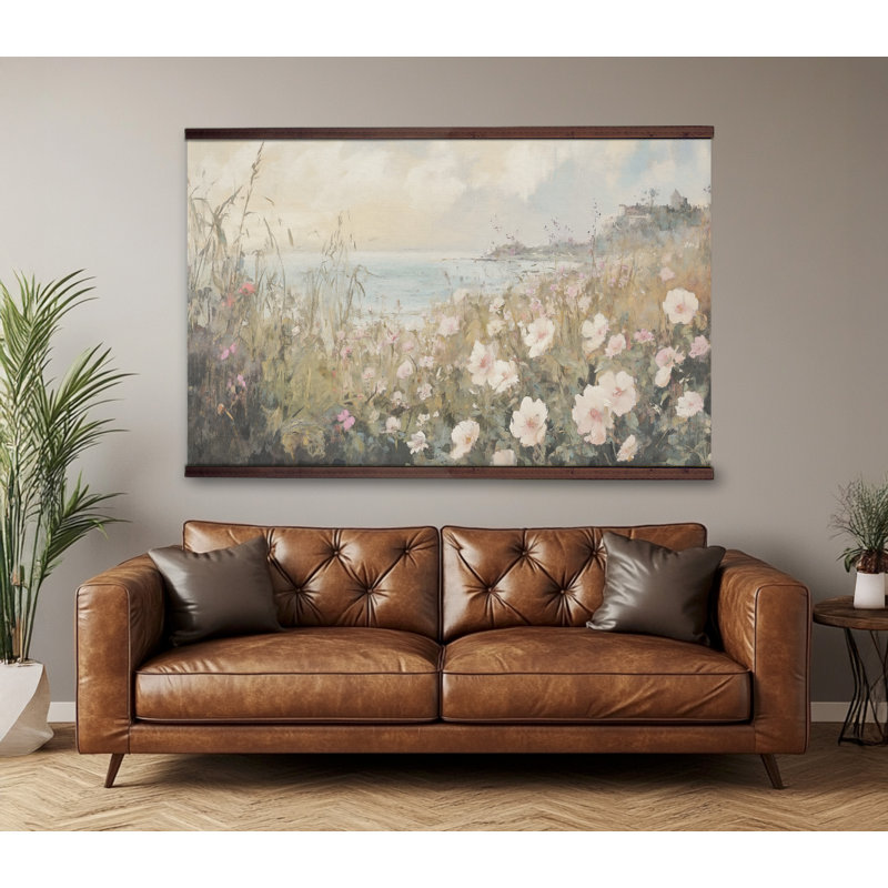 Tapisserie, décor de ferme, décoration murale champ fleuri, grande suspension murale, H 40 po x l 60 po