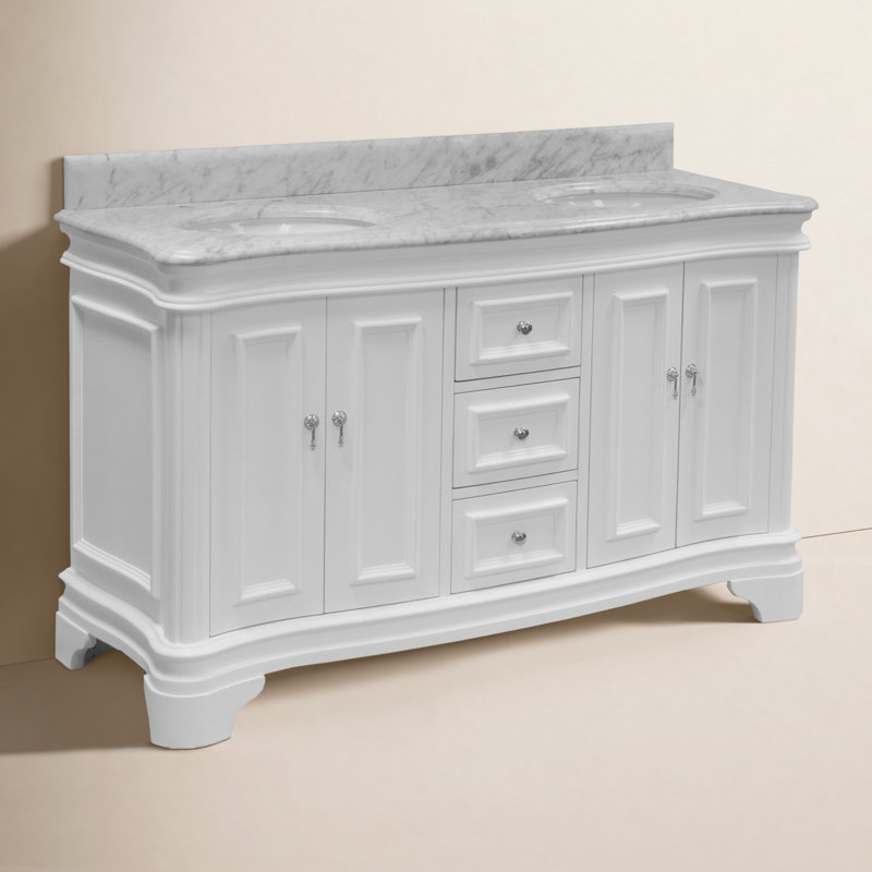 Ensemble de meuble-lavabo double 60 po Twain, Blanc, Marbre de Carrare