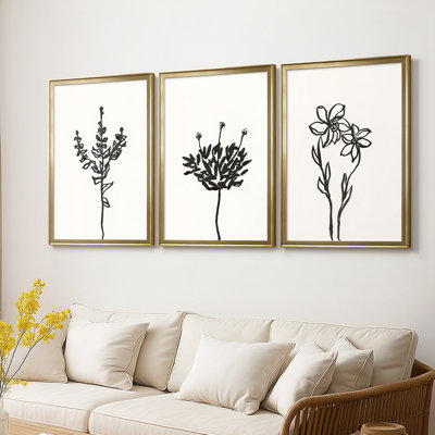 Encre botanique croquis II - Toile tendue avec châssis encadré - 3 pièces
