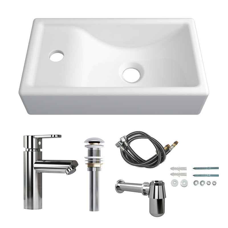 MEJE 16-Inch Wall Hung Basin Sink Combo, Small Cloakroom Basin, Rectangle Ceramic Bathroom Wash Basin - Left Hand Sink Set (Include Faucet & Pop-up Drain)