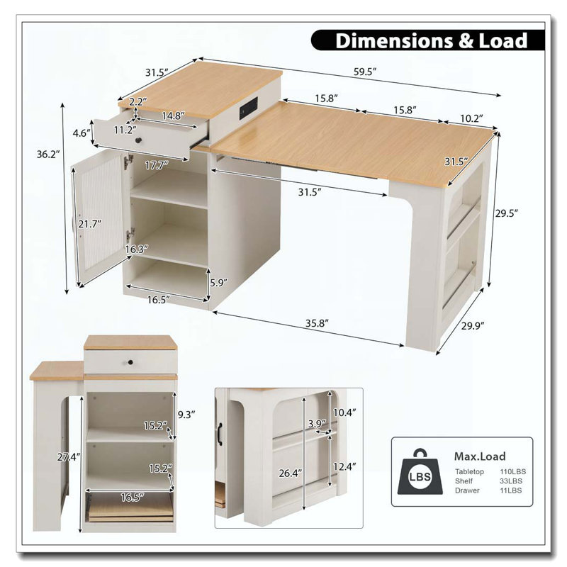 59.5"Kitchen Island With Extendable Dining Table, Kitchen Storage Table With Double-Sided Storage, Kitchen Island With 2 Drawers, Power Outlet, Side Open Shelves, For Kitchen