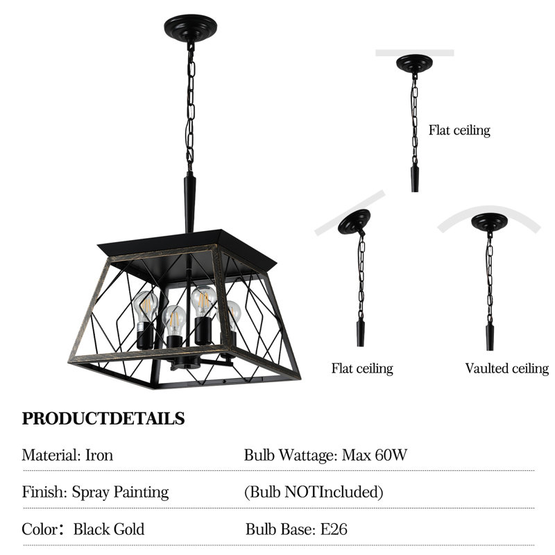 4 - Style antique rétro - noir doré pour la cuisine de salle à manger avec hauteur de luminaire réglable