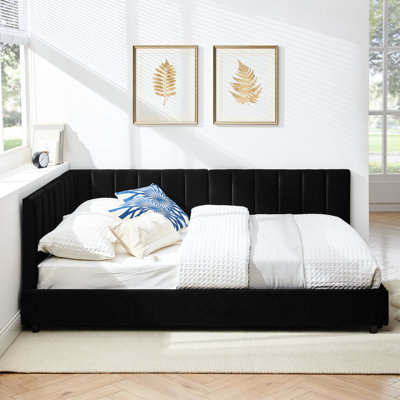 Lit double de style Mid-Century avec revêtement en velours ergonomique noir pour le salon de la chambre à coucher