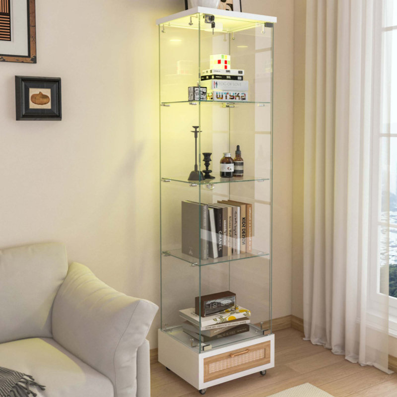 Modern Glass Display Cabinet With Drawer , Quick-Assembly Antique Cabinet With LED Lights, Tempered Glass Bookshelf,  1-Door Storage Case With 4 Shelves  For Living Room And Bedroom