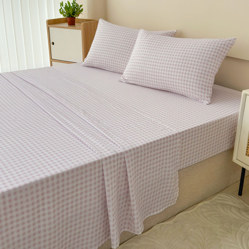 Ensemble de draps en vichy, microfibre prélavée ultra-douce, Ensemble de draps très grand + 2 taies d'oreiller, Vichy rose