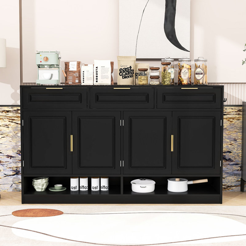 Farmhouse Sideboard with 3 Drawers, Adjustable Shelves and Open Storage, Black