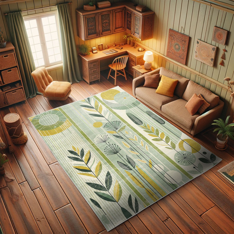 Mint Green and Mustard Floral Mid Century Modern Area Rug